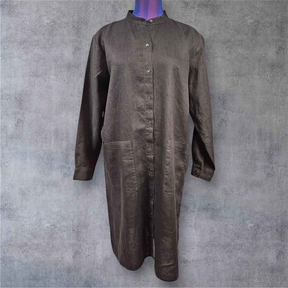 Eileen Fisher Organic Linen Dress Small Brown Long Sleeve Pockets Button C27